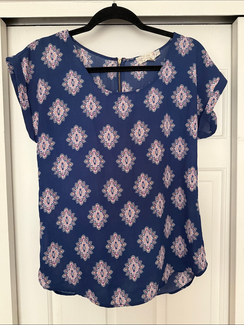 Pink Republic Navy Blue Medallion Short-Sleeve Blouse